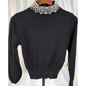 Milk & Honey Black Long Sleeve Light Knit Sweater Pearl Choker Embellished S
